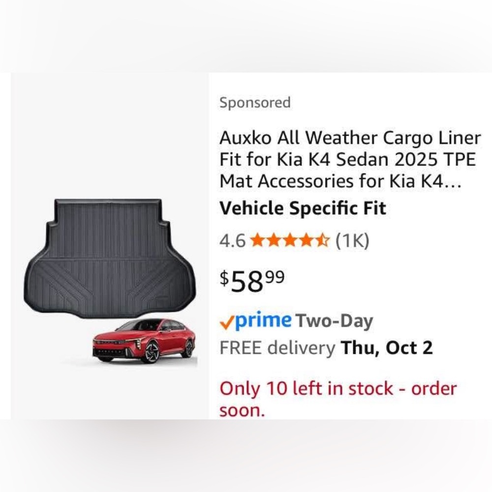 Black All Weather Cargo Liner for Kia K4 Sedan - Brand New